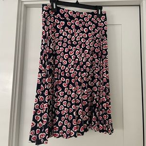 Jcrew Pleated Midi skirt heart print navy and red